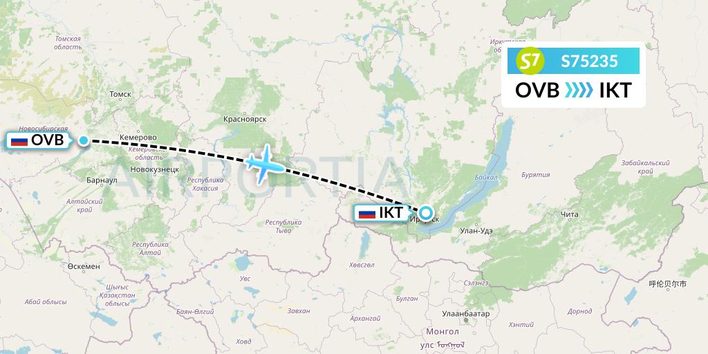 S75235 S7 Airlines Flight Map: Novosibirsk to Irkutsk