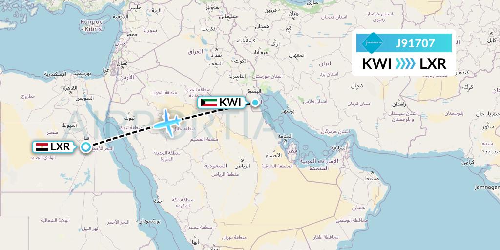 J91707 Jazeera Airways Flight Map: Kuwait City to Luxor