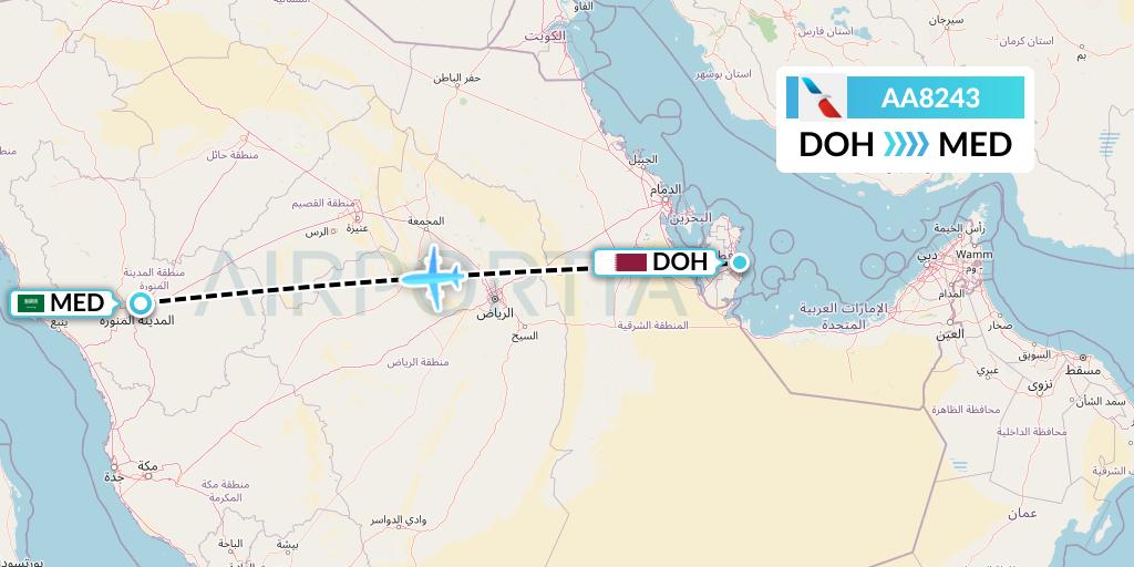 AA8243 American Airlines Flight Map: Doha to Medina