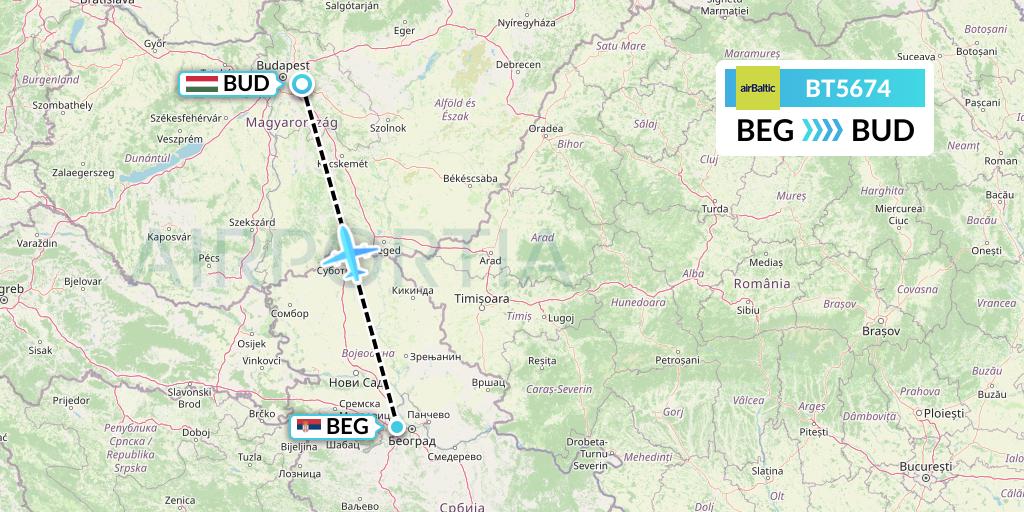 BT5674 Air Baltic Flight Map: Belgrade to Budapest
