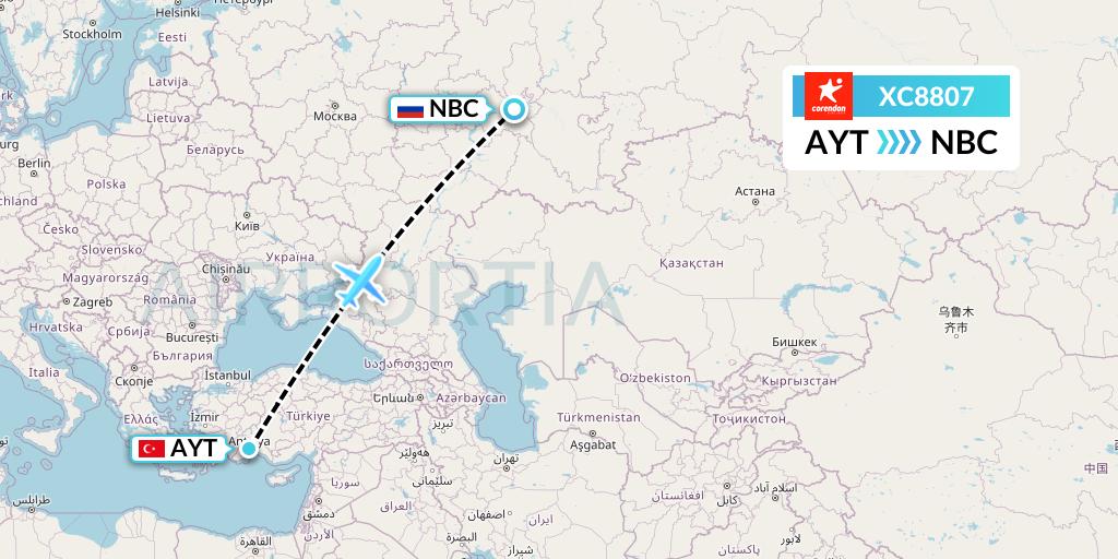 XC8807 Corendon Airlines Flight Map: Antalya to Naberezhnye Chelny