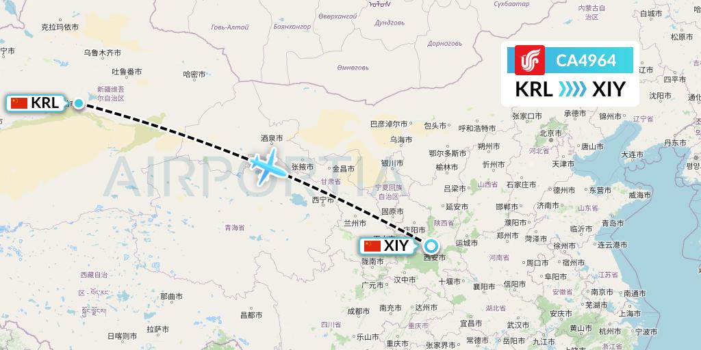 CA4964 Air China Flight Map: Korla to Xi'an