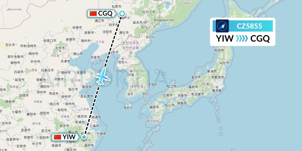 CZ5855 China Southern Airlines Flight Map: Yiwu to Changchun