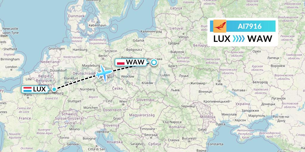AI7916 Air India Flight Map: Luxembourg to Warsaw