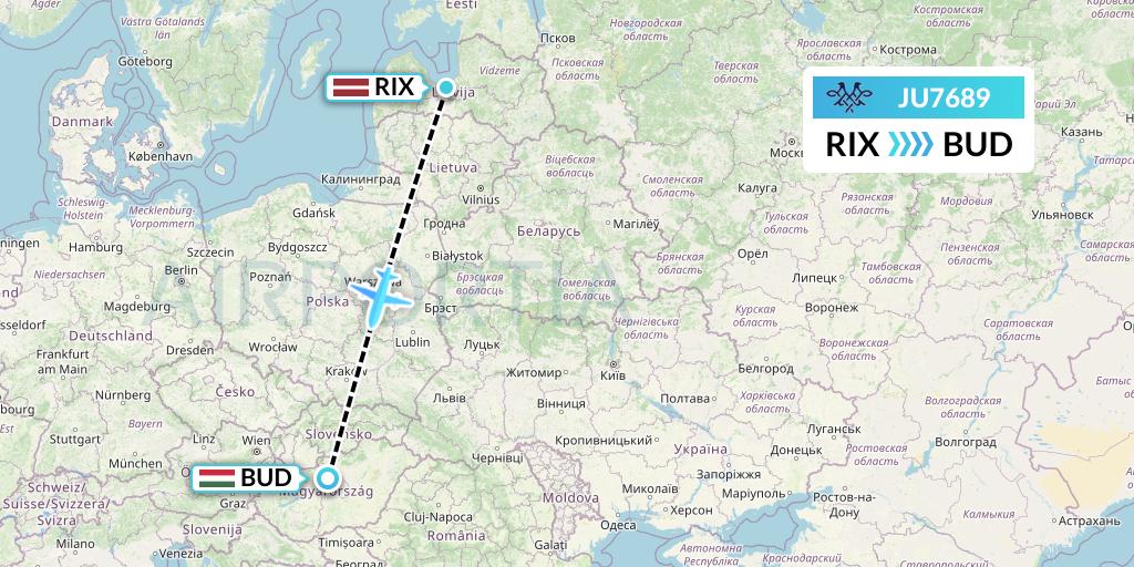 JU7689 AirSERBIA Flight Map: Riga to Budapest