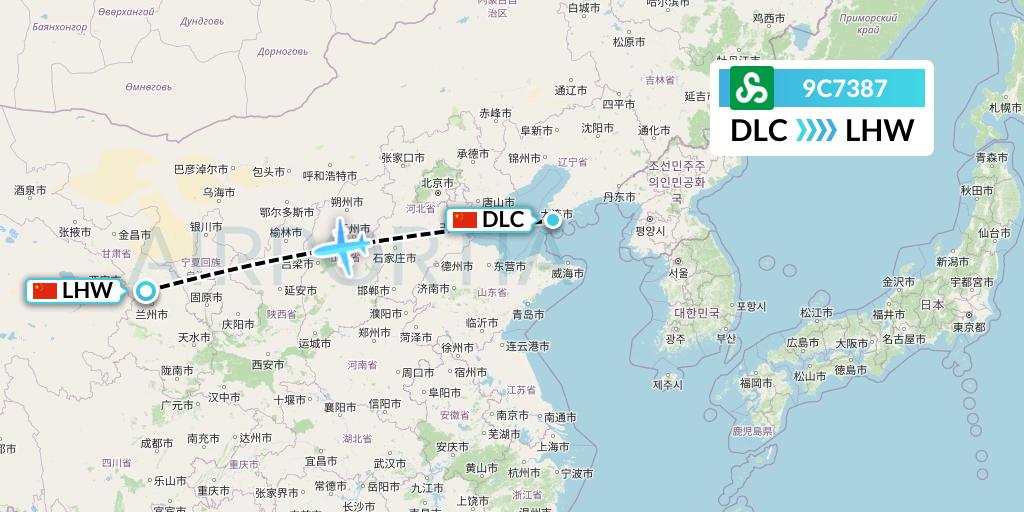 9C7387 Spring Airlines Flight Map: Dalian to Lanzhou