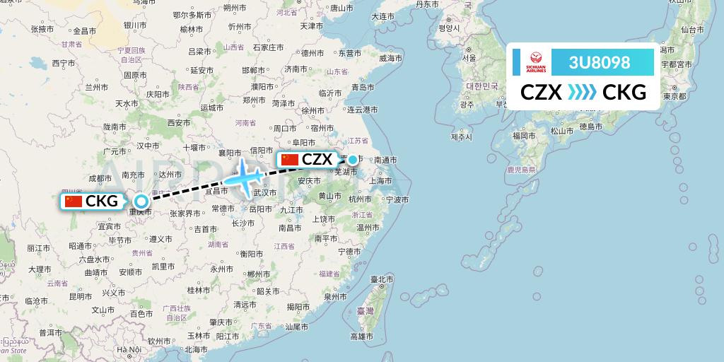 3U8098 Sichuan Airlines Flight Map: Changzhou to Chongqing