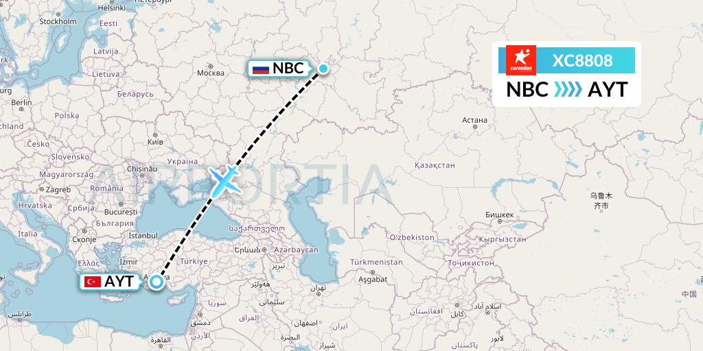 XC8808 Corendon Airlines Flight Map: Naberezhnye Chelny to Antalya