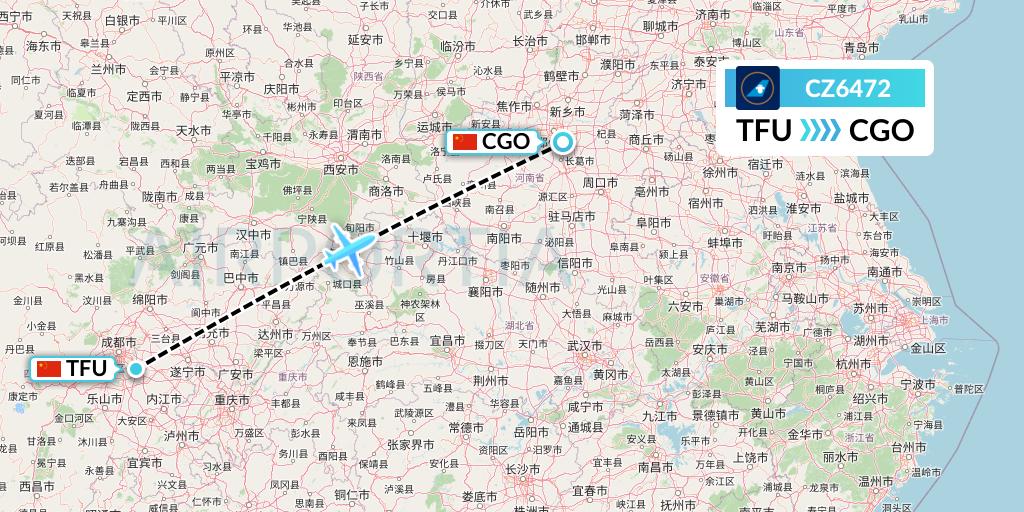 CZ6472 China Southern Airlines Flight Map: Chengdu to Zhengzhou