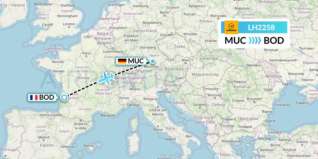 LH2258 Lufthansa Flight Map: Munich to Bordeaux