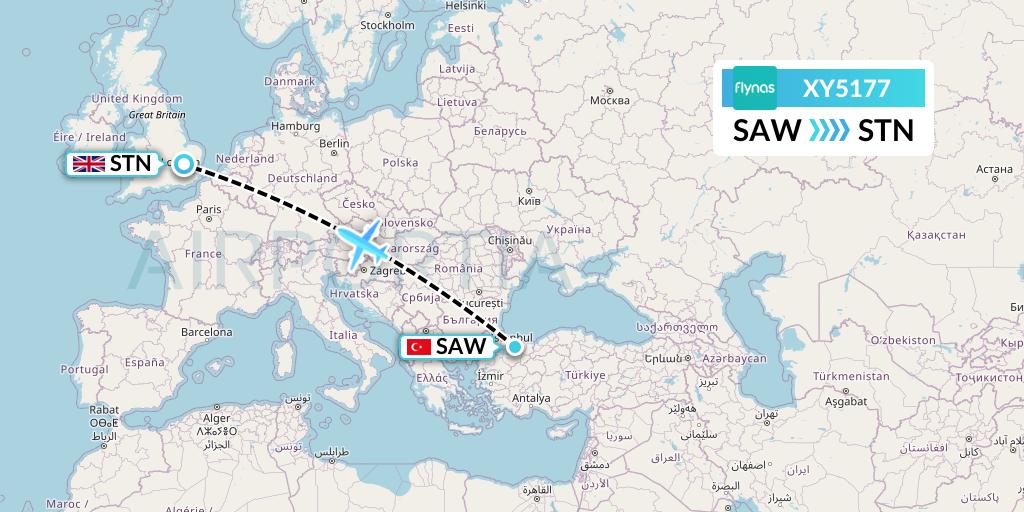 XY5177 Flynas Flight Map: Istanbul to London