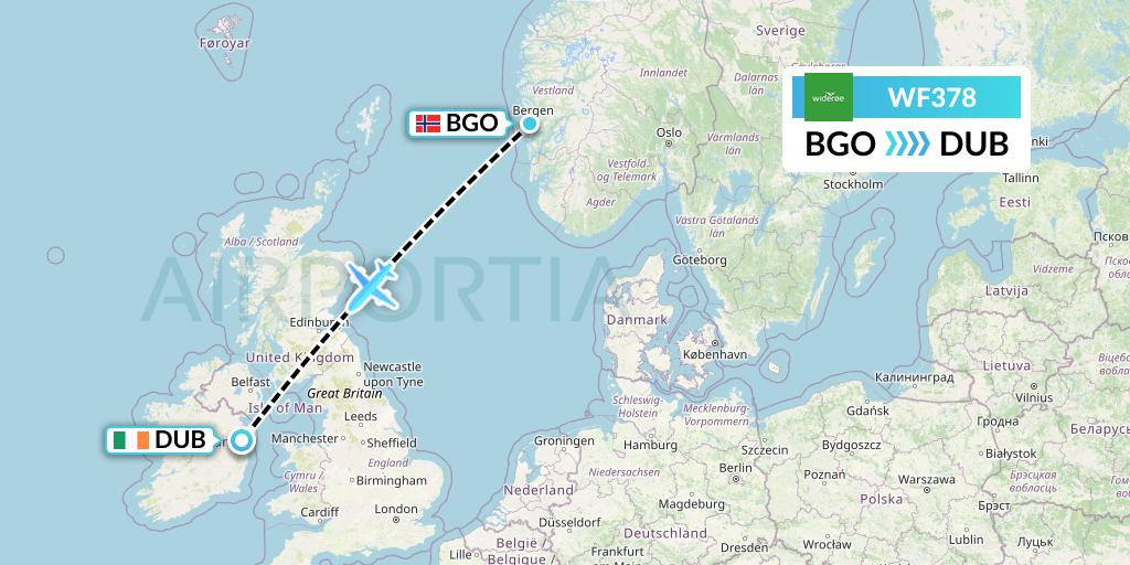 WF378 Wideroe Flight Map: Bergen to Dublin