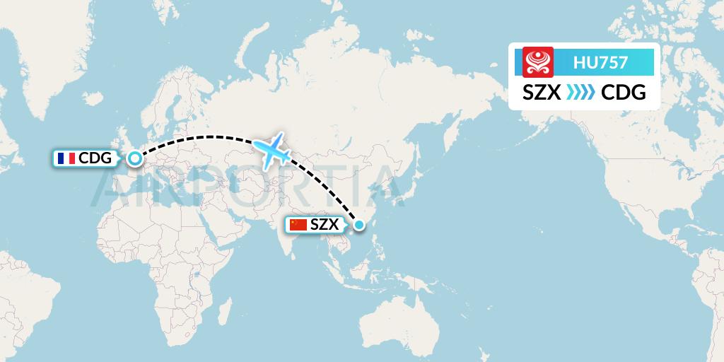 HU757 Hainan Airlines Flight Map: Shenzhen to Paris