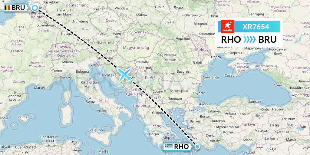 XR7654 Corendon Airlines Europe Flight Map: Rhodes to Brussels