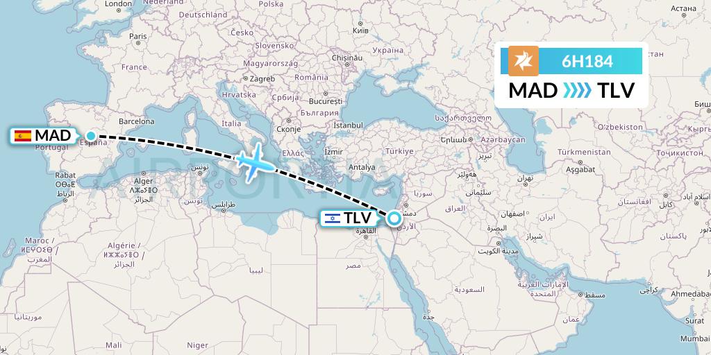 6H184 Israir Airlines Flight Map: Madrid to Tel Aviv