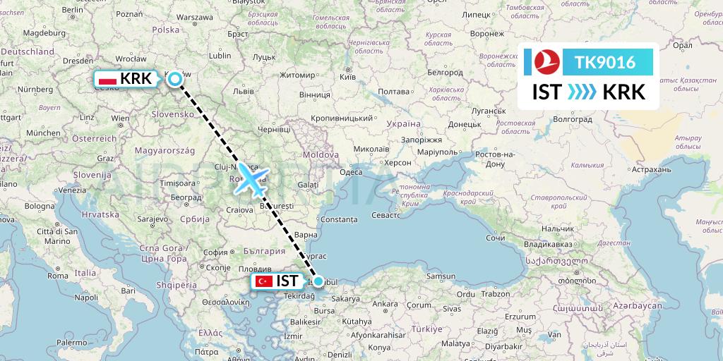 TK9016 Turkish Airlines Flight Map: Istanbul to Krakow