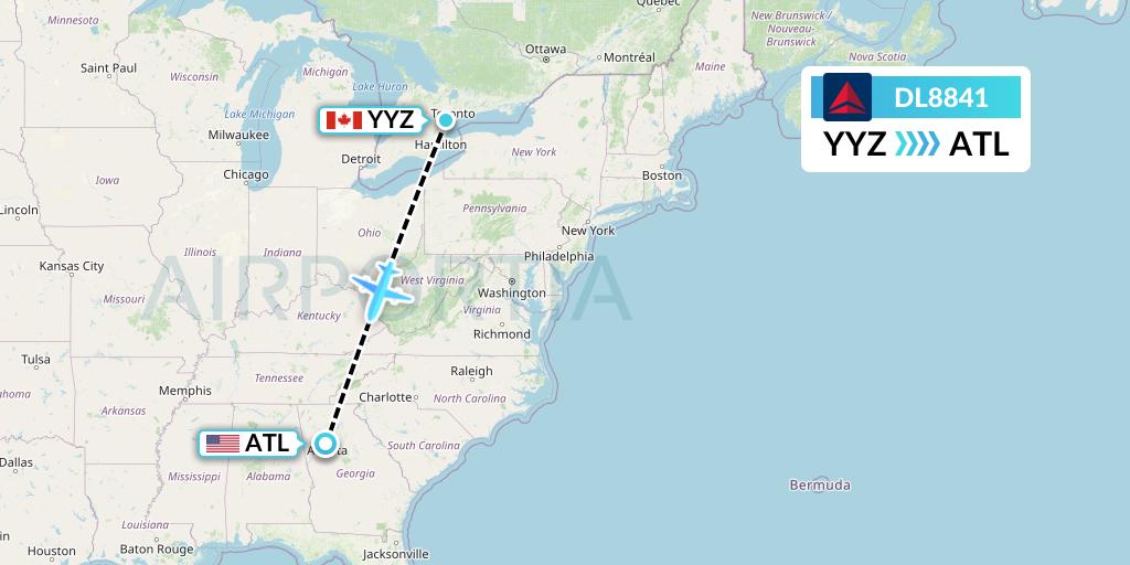 DL8841 Delta Air Lines Flight Map: Toronto to Atlanta