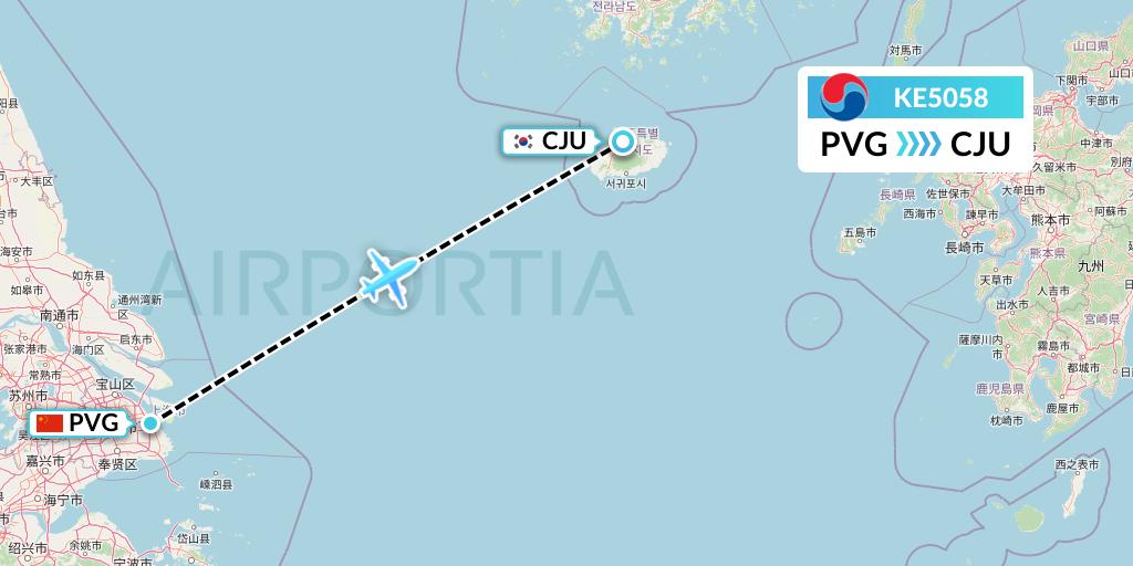 KE5058 Korean Air Flight Map: Shanghai to Jeju