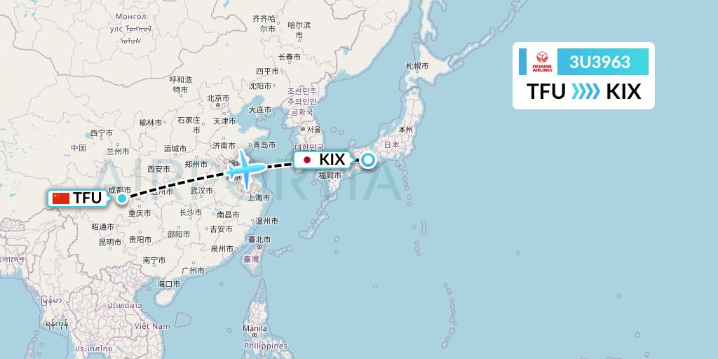 3U3963 Sichuan Airlines Flight Map: Chengdu to Osaka