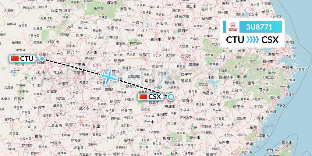 3U8771 Sichuan Airlines Flight Map: Chengdu to Changsha