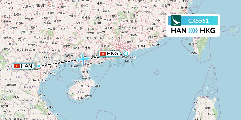 CX5551 Cathay Pacific Flight Map: Hanoi to Hong Kong