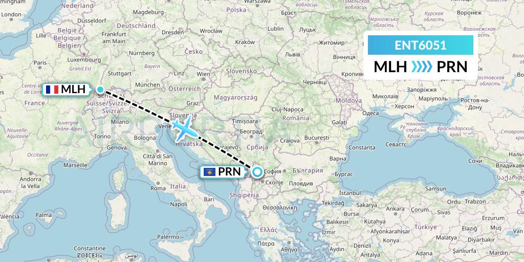 ENT6051 Enter Air Flight Map: Basel Mulhouse Freiburg to Pristina