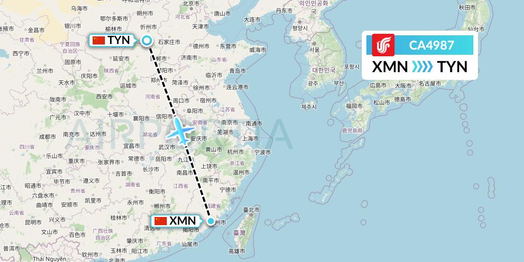 CA4987 Air China Flight Map: Xiamen to Taiyuan