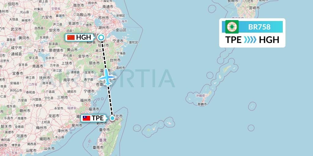 BR758 EVA Air Flight Map: Taipei to Hangzhou
