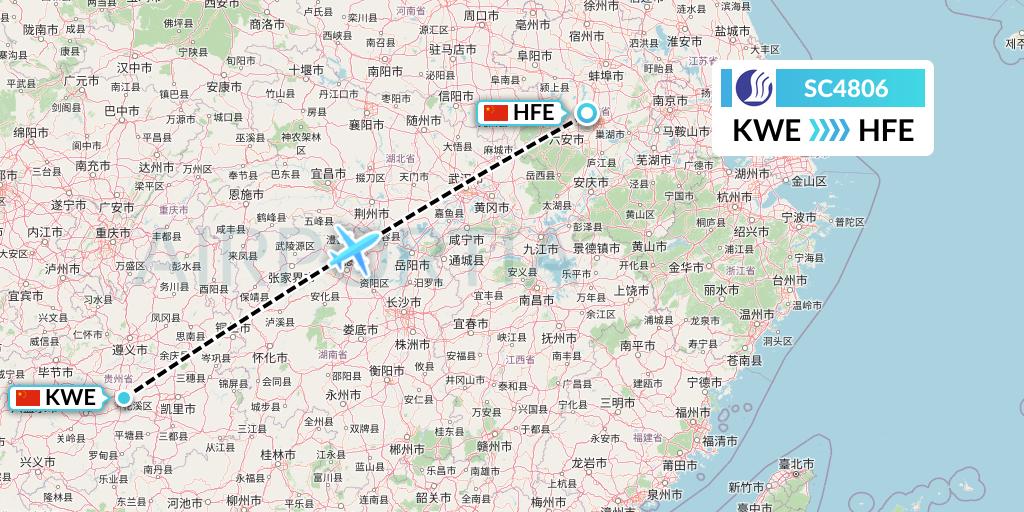 SC4806 Shandong Airlines Flight Map: Guiyang to Hefei