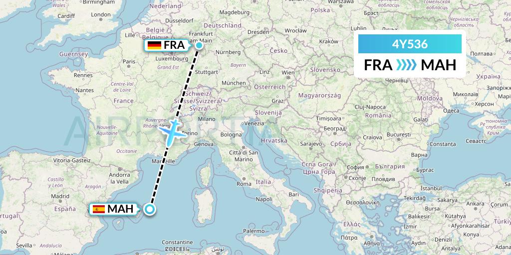 4Y536 Eurowings Discover Flight Map: Frankfurt to Mahon