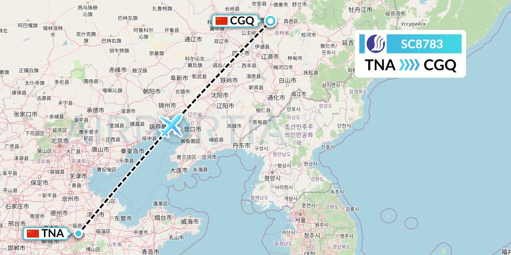 SC8783 Shandong Airlines Flight Map: Jinan to Changchun