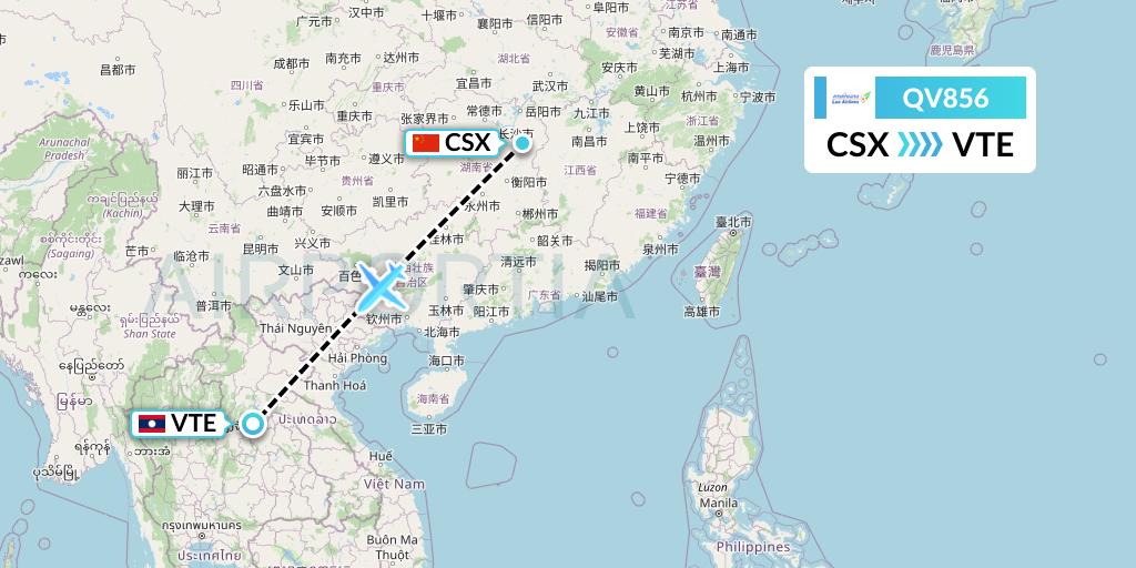 QV856 Lao Airlines Flight Map: Changsha to Vientiane