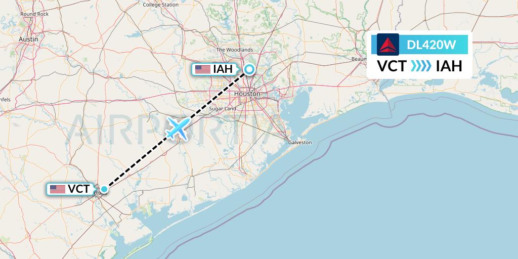 DL420W Delta Air Lines Flight Map: Victoria to Houston