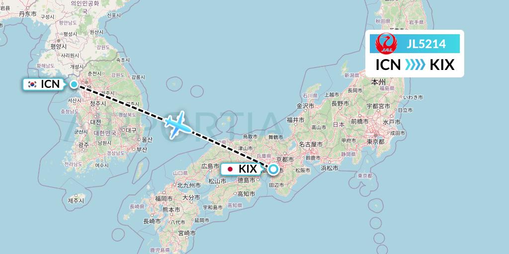 JL5214 Japan Airlines Flight Map: Seoul to Osaka