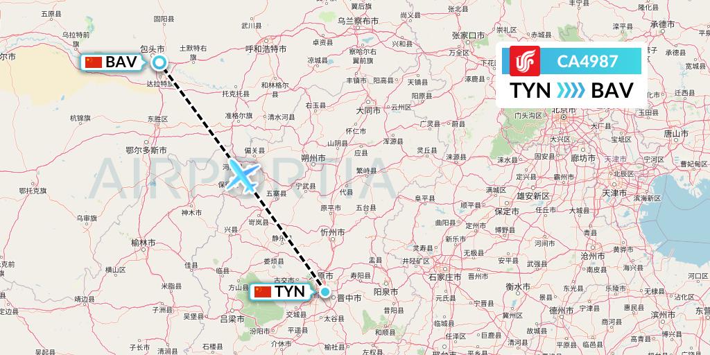CA4987 Air China Flight Map: Taiyuan to Baotou