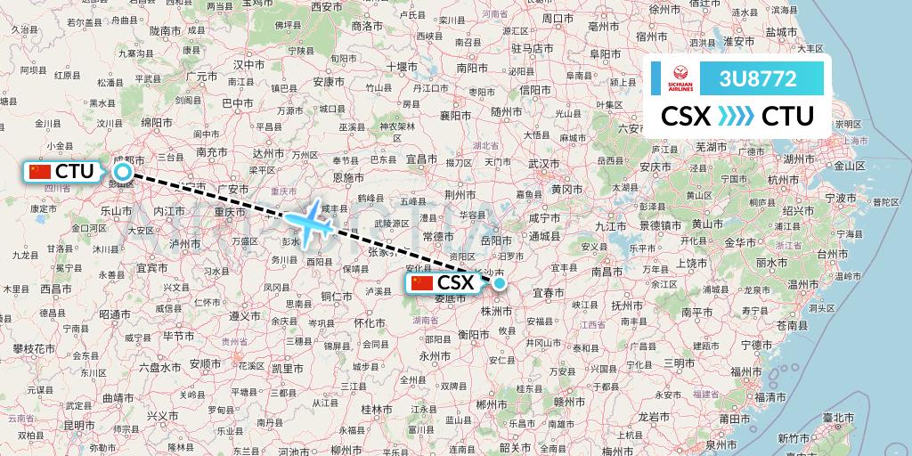 3U8772 Sichuan Airlines Flight Map: Changsha to Chengdu