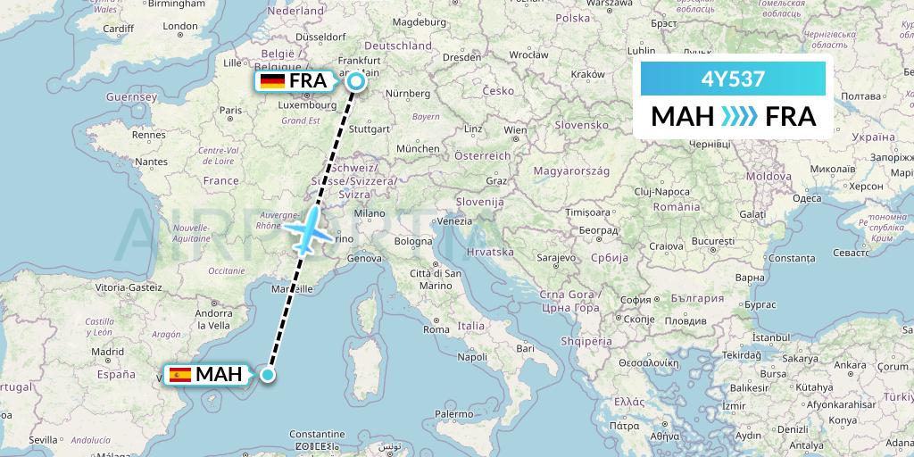 4Y537 Eurowings Discover Flight Map: Mahon to Frankfurt