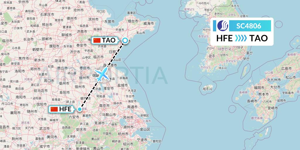 SC4806 Shandong Airlines Flight Map: Hefei to Qingdao