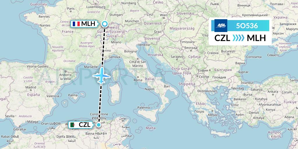 5O536 ASL Airlines France Flight Map: Constantine to Basel Mulhouse Freiburg