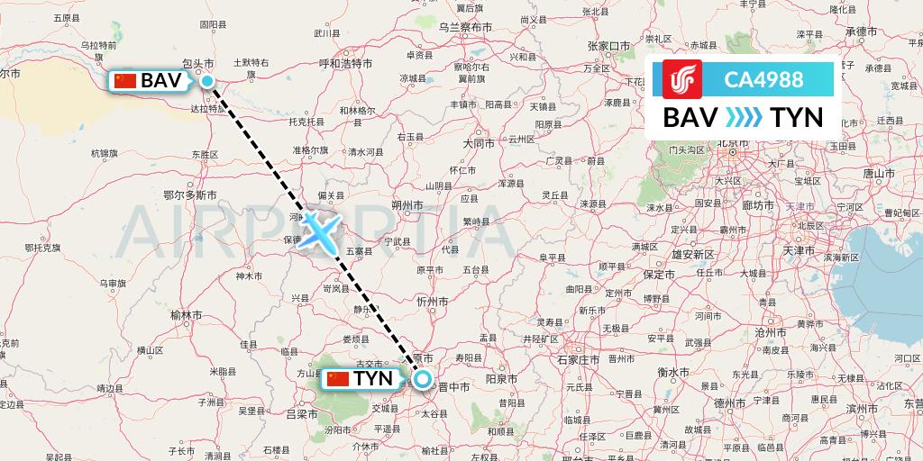CA4988 Air China Flight Map: Baotou to Taiyuan
