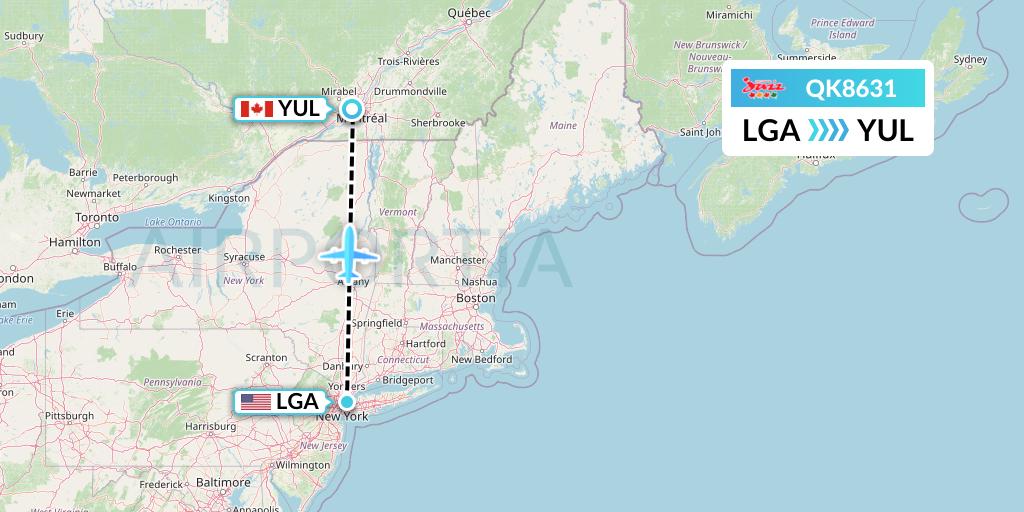 QK8631 Jazz Air Flight Map: New York to Montreal