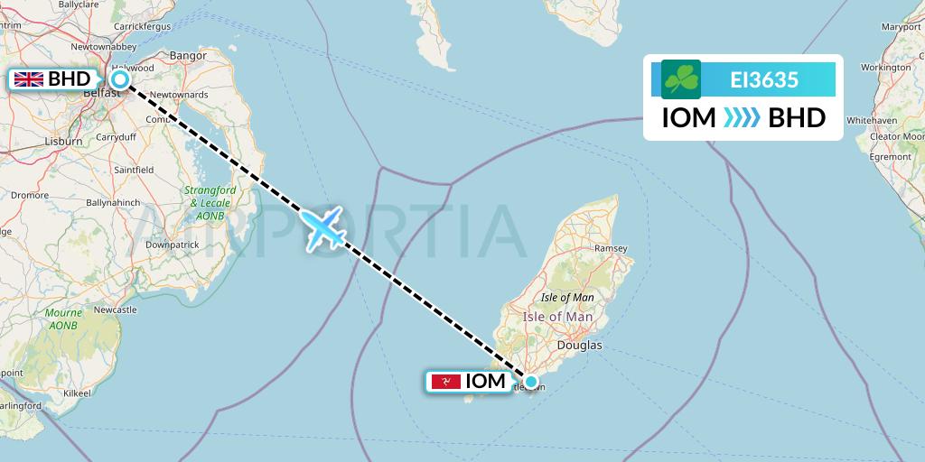 EI3635 Aer Lingus Flight Map: Isle of Man to Belfast