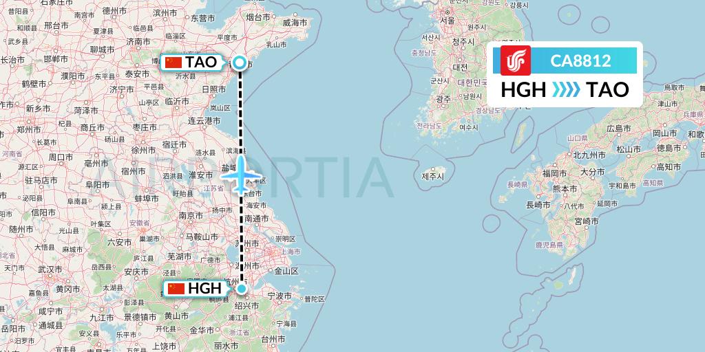CA8812 Air China Flight Map: Hangzhou to Qingdao