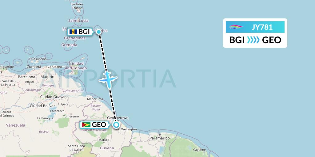 JY781 InterCaribbean Airways Flight Map: Bridgetown to Georgetown
