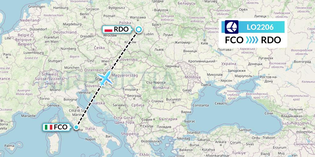 LO2206 LOT Flight Map: Rome to Radom