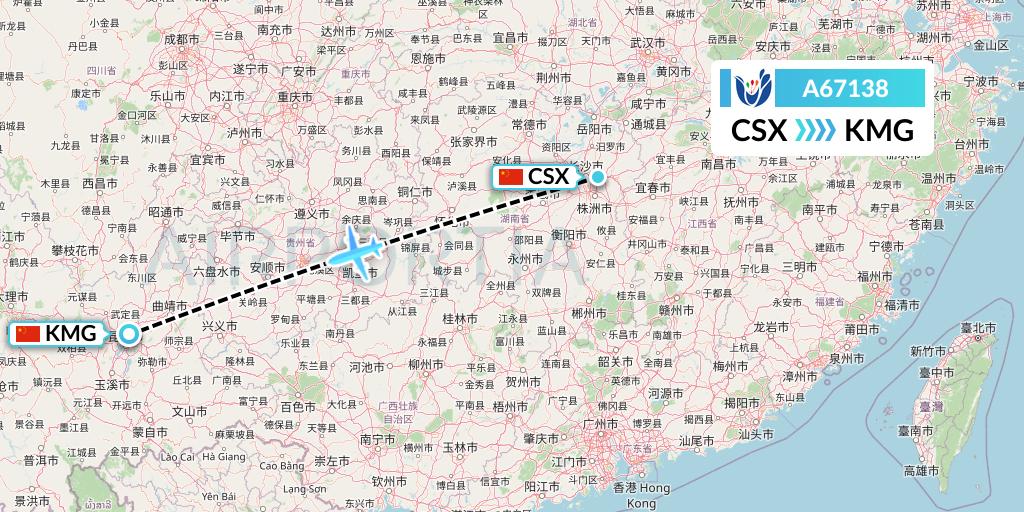 A67138 Hongtu Airlines Flight Map: Changsha to Kunming