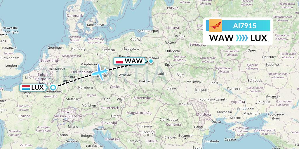 AI7915 Air India Flight Map: Warsaw to Luxembourg