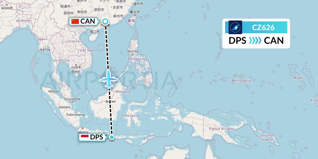 CZ626 China Southern Airlines Flight Map: Denpasar to Guangzhou