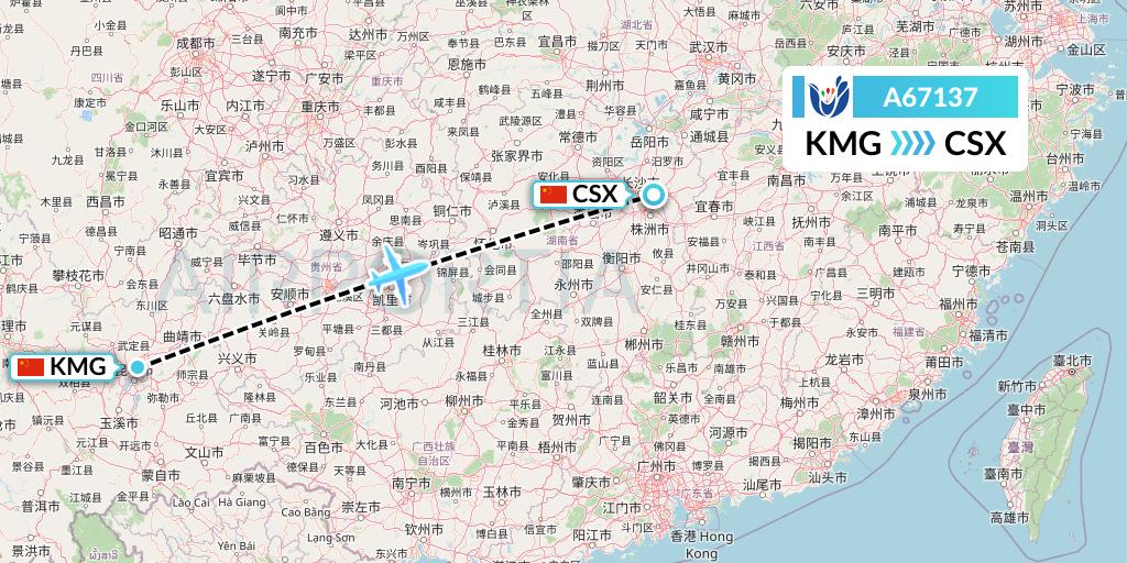 A67137 Hongtu Airlines Flight Map: Kunming to Changsha