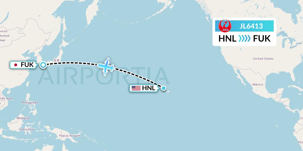 JL6413 Japan Airlines Flight Map: Honolulu to Fukuoka